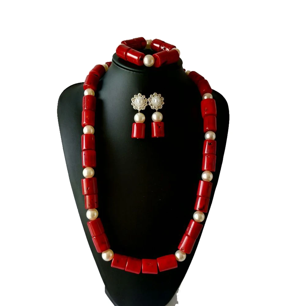 Fashion Red Woman coral jewelry African Bridal Necklace sets Nigeria wedding beads for 2018 Free Shipping | Украшения и