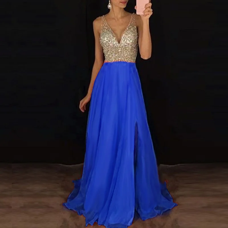 Женское платье длинное вечернее с блестками сексуальное пляжное без рукавов