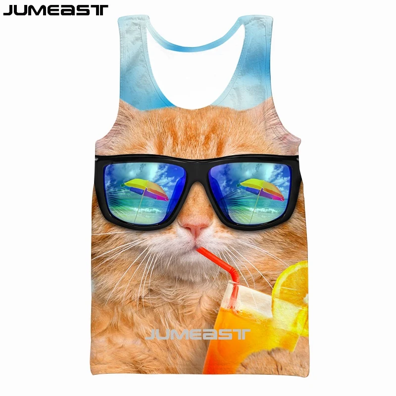 Jumeast бренд для мужчин/для женщин 3D жилет с принтом животных кошка короткий рукав Новая мода спортивный пуловер Лето безрукавки для