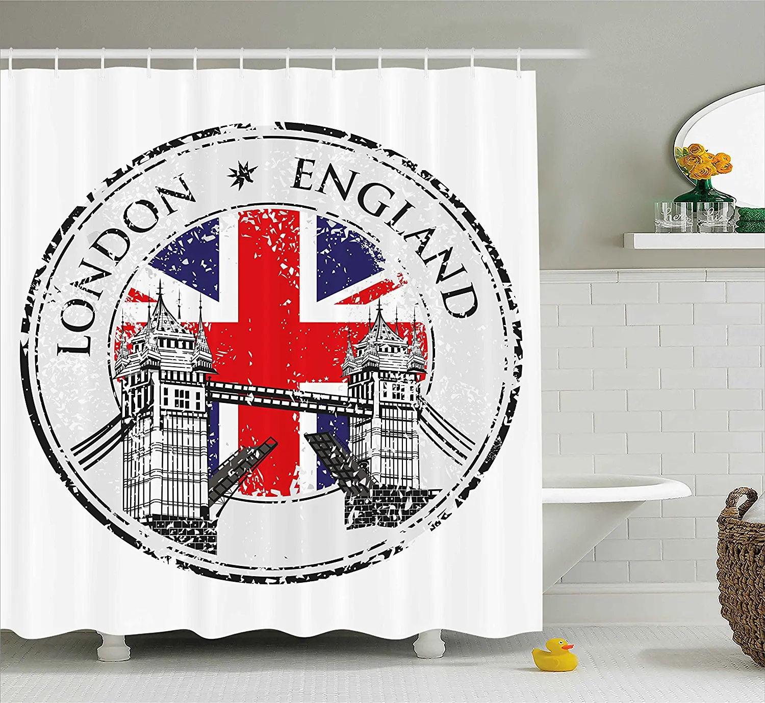 Британская занавеска для душа Лондон Англия гранж штамп с флагом - Фото №1