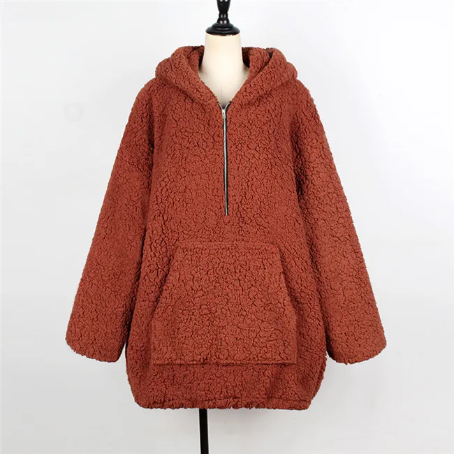 Dark Camel Новые модные пуловеры с капюшоном из искусственного меха женские зимние теплые длинные рукава с большим карманом повседневная меховая куртка Верхняя одежда Большие размеры 3XL - Цвет: Dark Camel