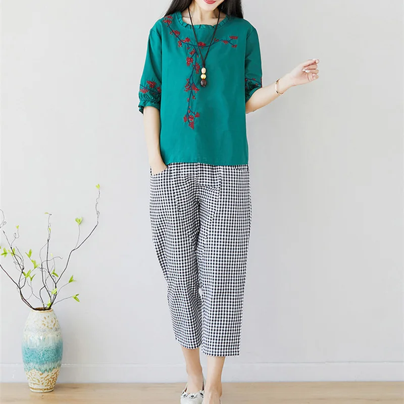 Saiqigui 2019 spring summer Women Sets Casual loose Cotton Linen two piece set T-shirt + Ankle-Length Pants conjuntos mujer | Женская