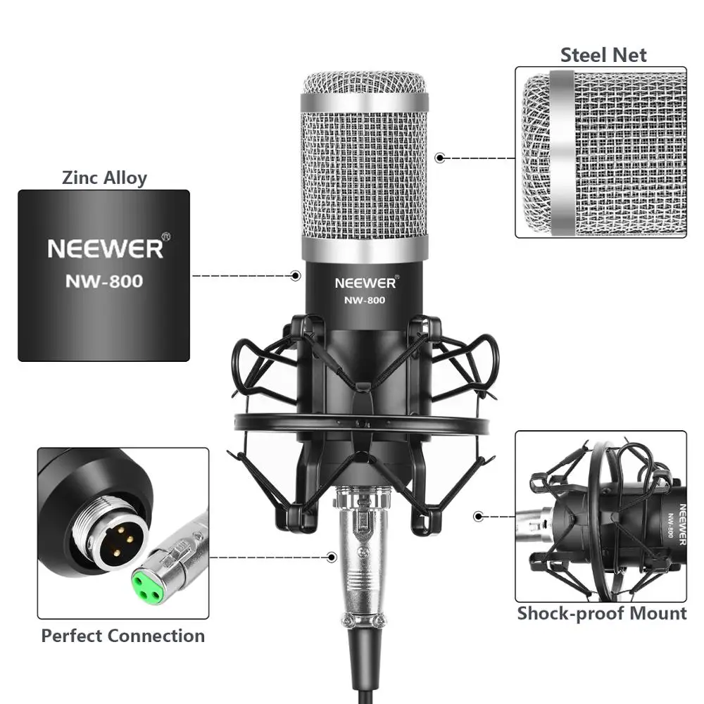 Neewer NW-800 конденсаторный микрофон (черный/серебристый) комплект с USB Звуковая карта