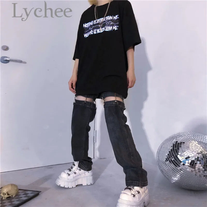 Lychee, уличная одежда, темные молнии, с буквенным принтом, женские футболки, свободные, круглый вырез, короткий рукав, черные, весна-лето, женские футболки