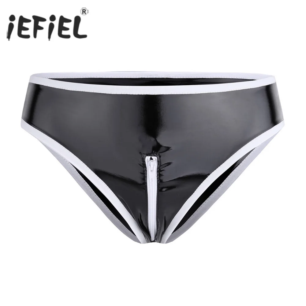 

iEFiEL Womens Sexy Panties Lingerie Wetlook Patent Leather Zipper Crotchless Low Rise Bikini Briefs Underwear Underpants