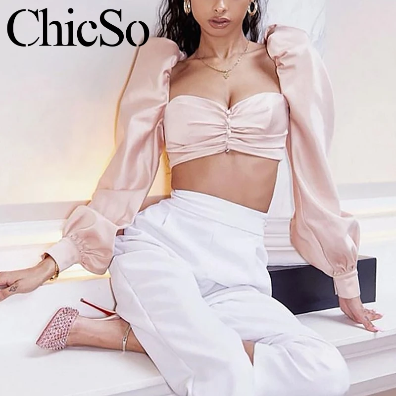 Женский короткий топ MissyChilli с длинным рукавом фонариком открытой спинкой