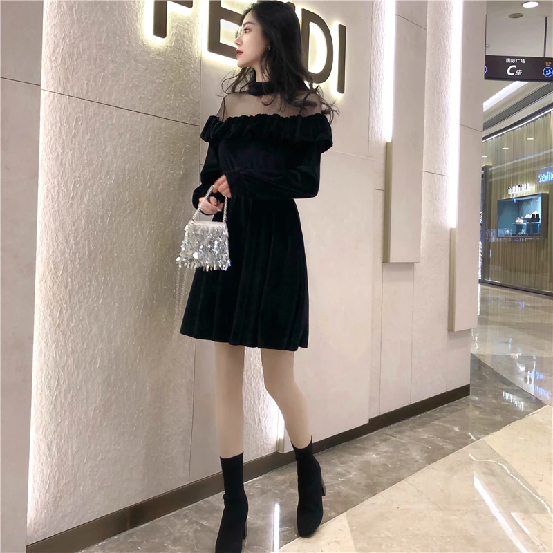 2018 осенние дамы черный Благородный милый маленький бархатное платье для