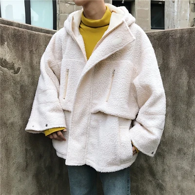 beige Корейский Свободный длинный рукав мужской теплый овечья шерсть пальто с капюшоном Мода Повседневная Толстая зимняя мужская куртка на молнии шерстяное пальто M-XL - Цвет: beige