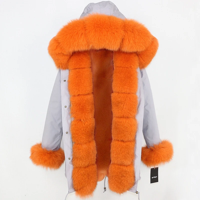 OFTBUY, зимняя женская куртка, пальто из натурального меха, длинная парка, большой натуральный Лисий мех, Толстая теплая верхняя одежда, уличная одежда, отстегивающиеся парки - Цвет: grey orange