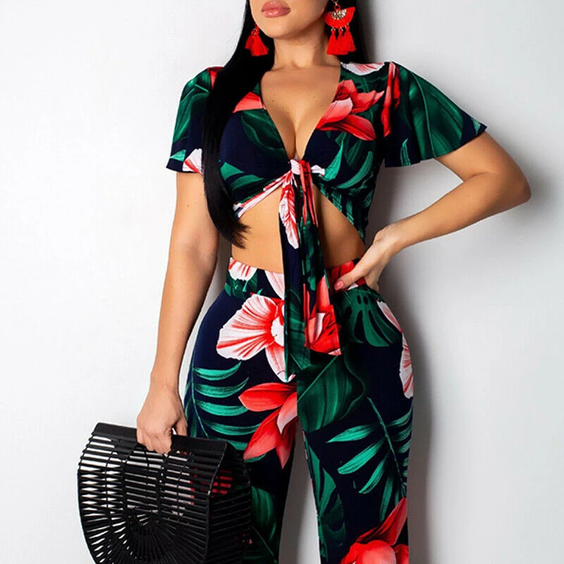 

Женский комплект одежды с цветочным принтом, укороченный топ на шнуровке с v-образным вырезом и широкие брюки с высокой талией, летний компл...