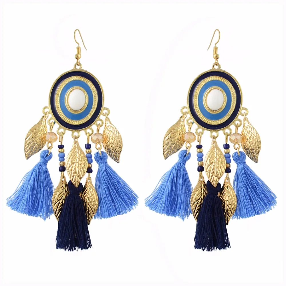 Fashion Jewelry Bohemian Antique Gold Color Tassel Coloful Ball Leaf Earrings Long Ethnic Female from india | Украшения и