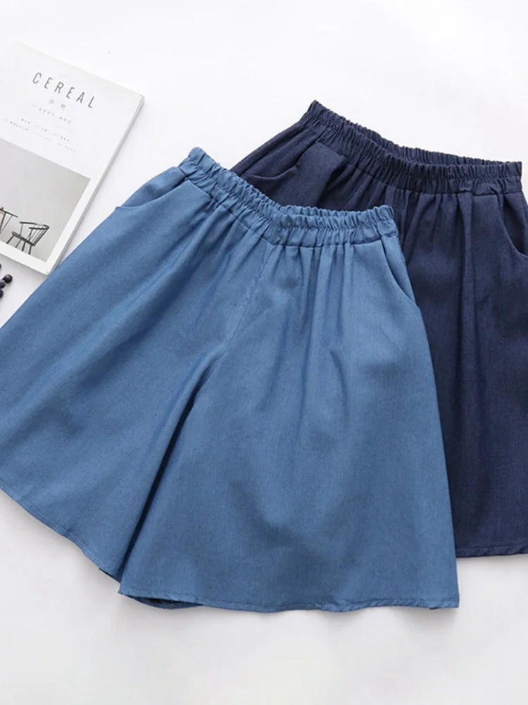 Шорты женские джинсовые с широкими штанинами свободные синие юбки из денима