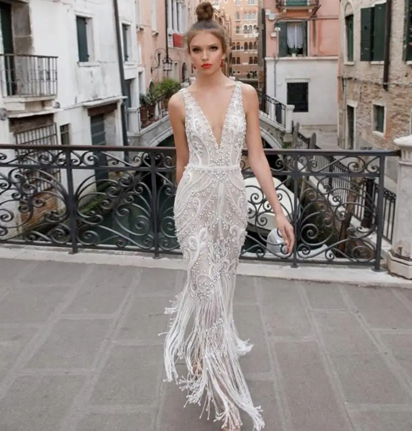 picture color Vestidos de novia corte sirena Новое сексуальное роскошное свадебное платье с v-образным вырезом и кристаллами и бахромой Длинное Платье amanda novias - Цвет: picture color
