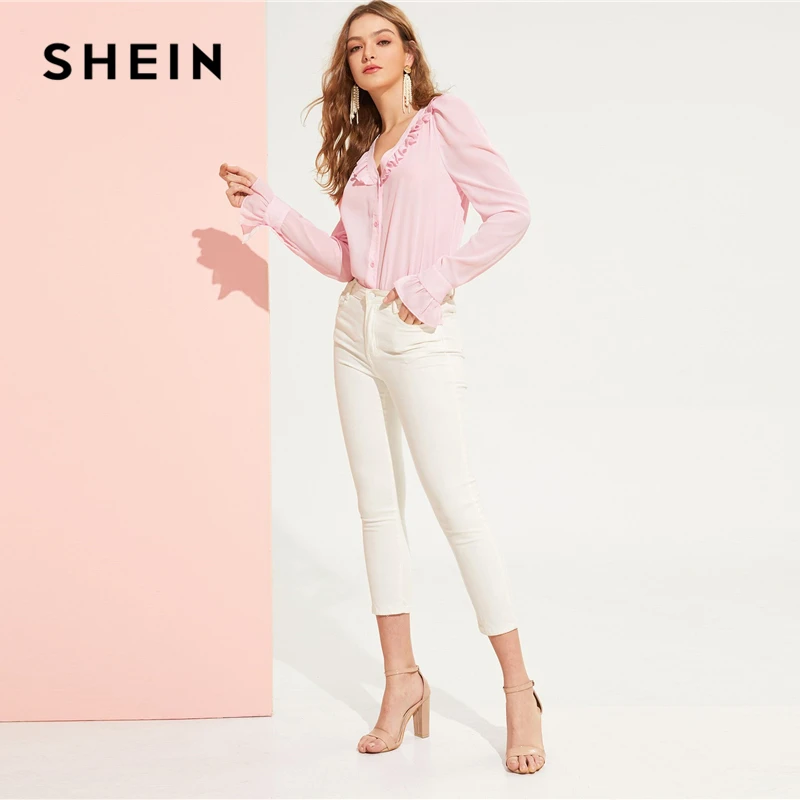 SHEIN романтическая розовая однотонная блузка на пуговицах с оборками и v-образным вырезом, женские весенние элегантные милые топы и блузки с рукавами-воланами