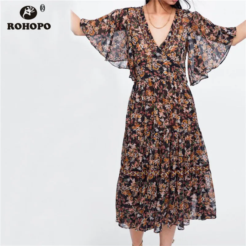 ROHOPO летнее шифоновое винтажное платье-миди с короткими рукавами и бабочками