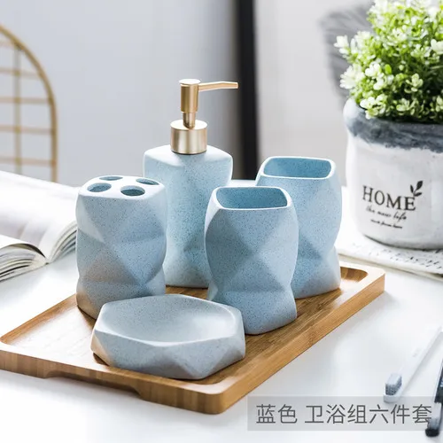 blue-6pcs Керамический набор аксессуаров для ванной комнаты, диспенсер для мыла/держатель для зубной щетки/стакан/мыльница/лоток, Кухонный Контейнер для жидкости для мытья посуды - Цвет: blue-6pcs