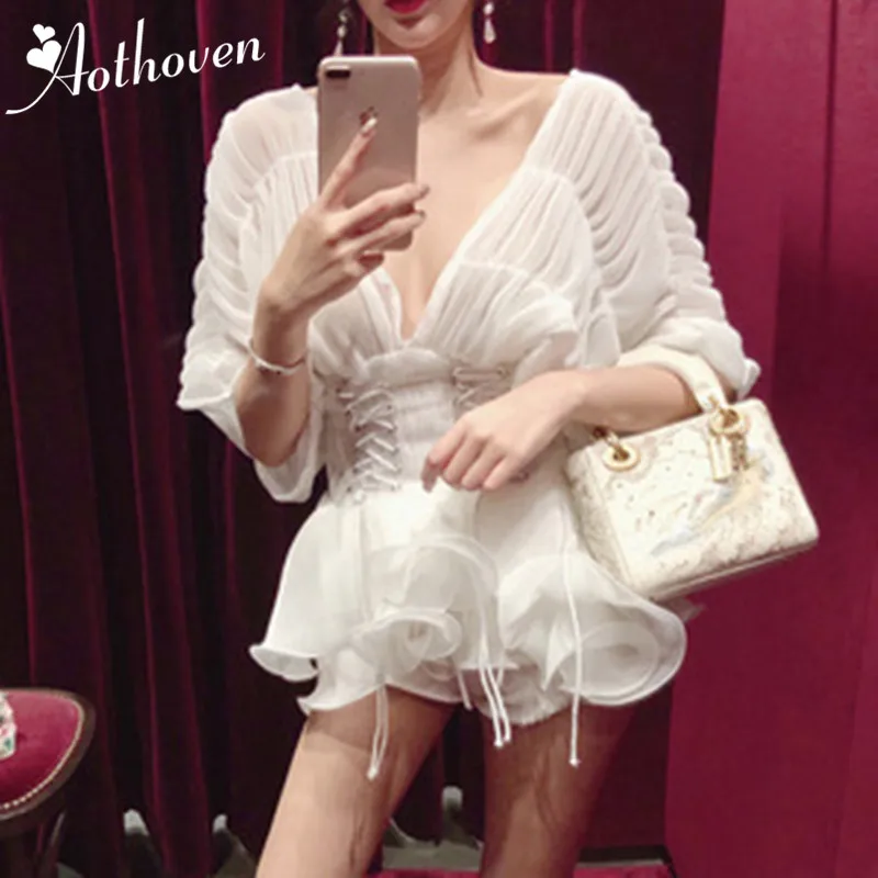 Fashion Sexy Deep V-neck Top Asymmetrical Slim Puff Sleeve Chiffon Shirt Solid White with Sashes 2019 Womens Tops and Blouse