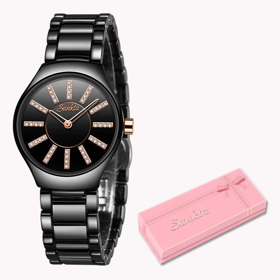 Black rose gold SUNKTA роскошные женские часы бренд кристалл браслет моды часы женские часы водонепроницаемые часы женские Relogio Feminino+ коробка - Цвет: Black rose gold