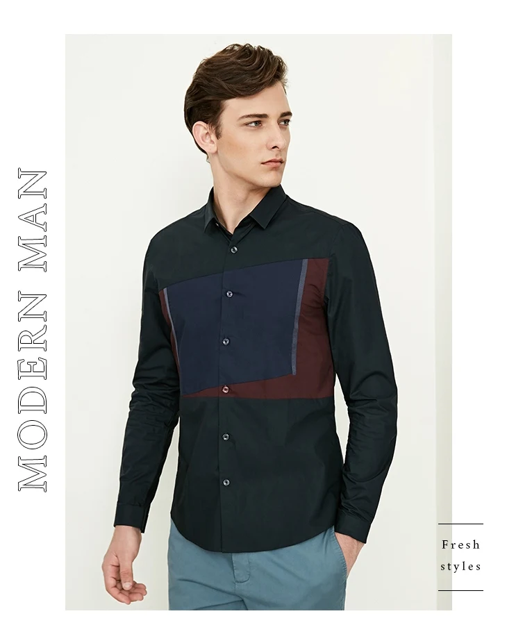 Отборные мужские хлопок геометрические сращивания Slim Fit Повседневная рубашка S | 418305525