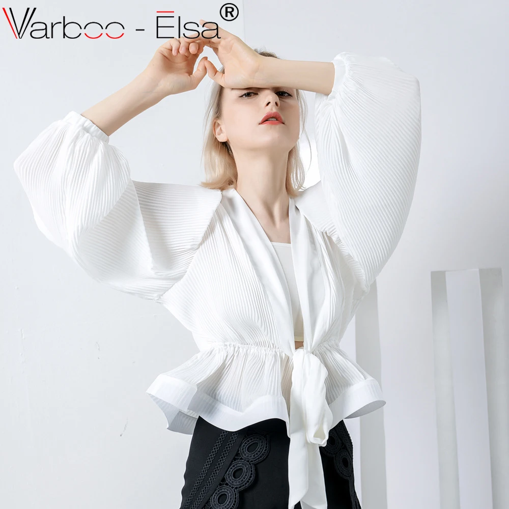 VARBOO_ELSA белая шифоновая рубашка женский рюшами Узелок v шеи Puff длинным рукавом Для
