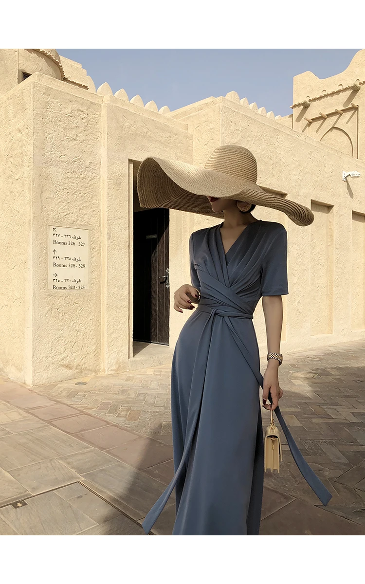 SMTHMA Летняя мода Vestidos женское сексуальное повседневное длинное платье с коротким рукавом и v-образным вырезом однотонное Макси платье