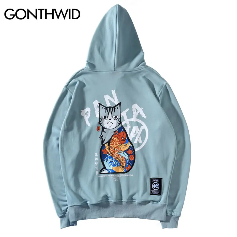 GONTHWID Harajuku японский укийо е тату Кот печати толстовки кофты хип хоп пуловер с