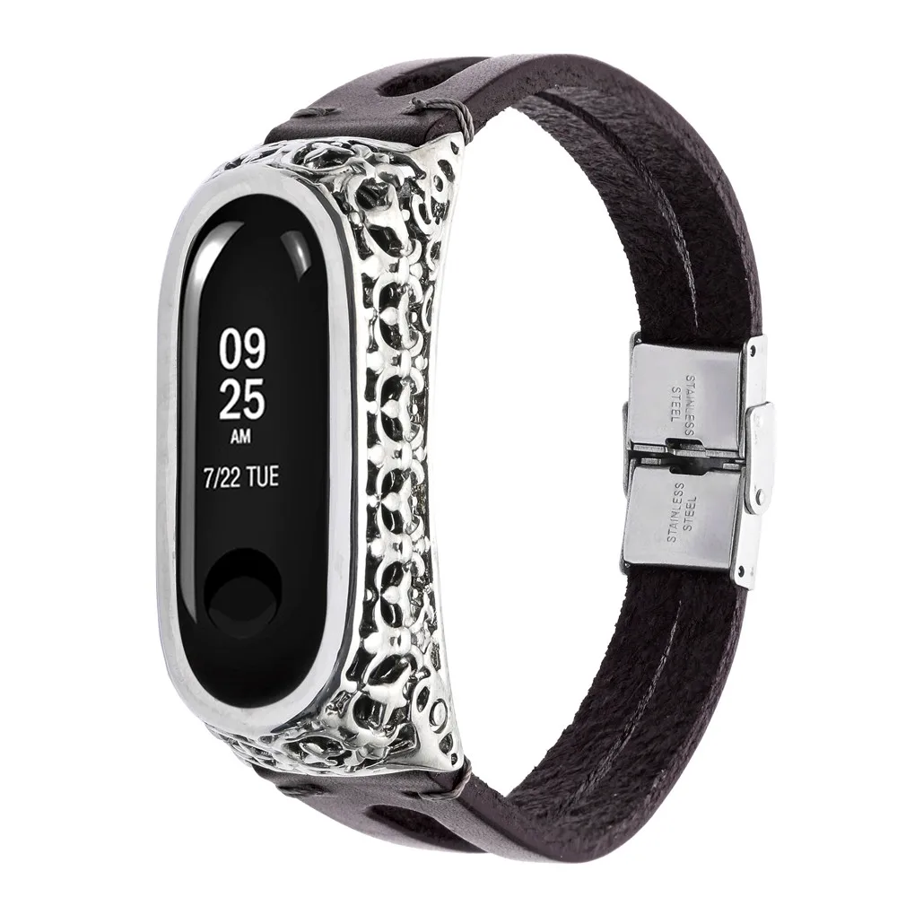 Кожаный браслет на замену + металлический чехол для Xiaomi Mi Band 3 Классический мягкий