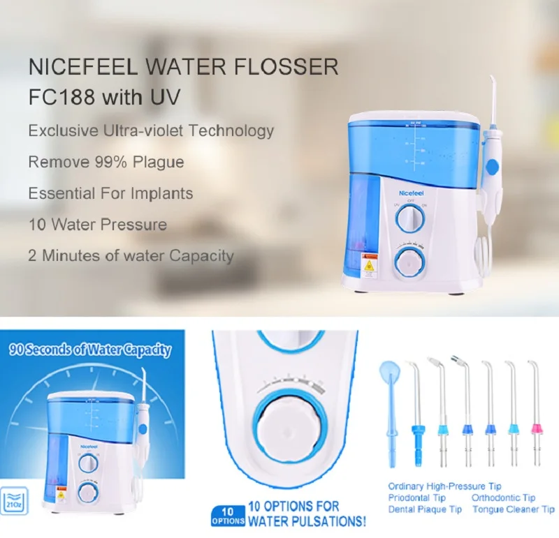 Иригатор для полости рта Nicefeel воды, профилактики и тщательного очищения зубов, заодно производить массаж десен, улучшая в них кровообращение,УФ-дезинфекция насадок WaterPic 7 насадок в комплекте-1000 миллилитров