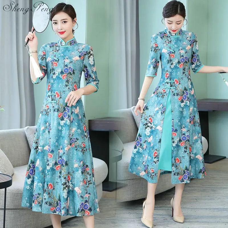 

2019 new cheongsam folk style vietnam robes dress aodai graceful stand collar elegant improved long qipao V1512