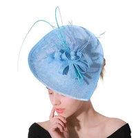 charming light blue fascinators ladies hats weddings church fedora imitation linen pillbox hat with veil derby women dress hats