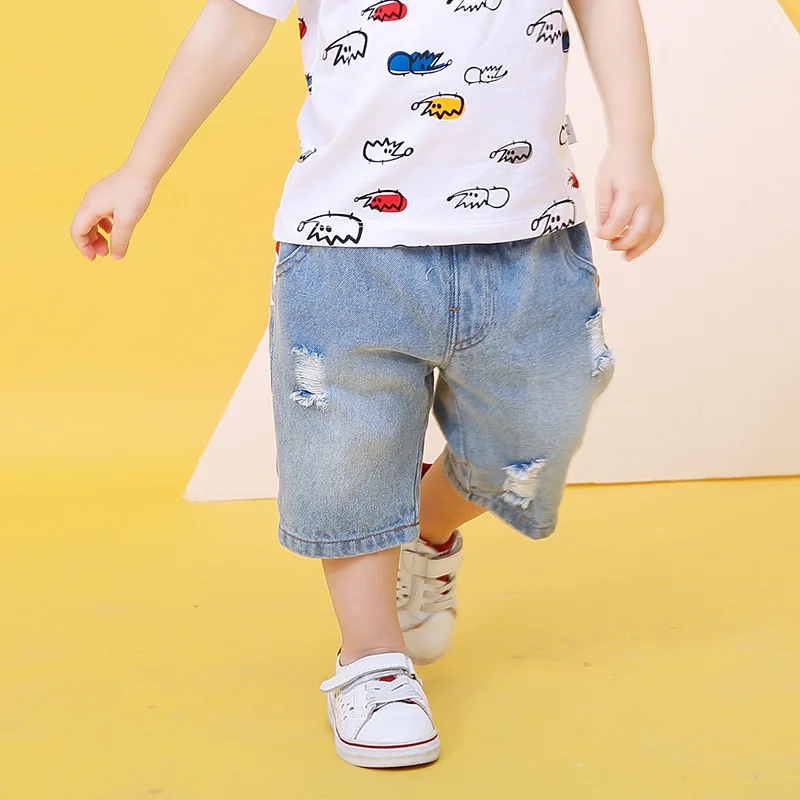 Новинка весна-лето 2019 детские джинсовые брюки с мультяшным принтом акулы для