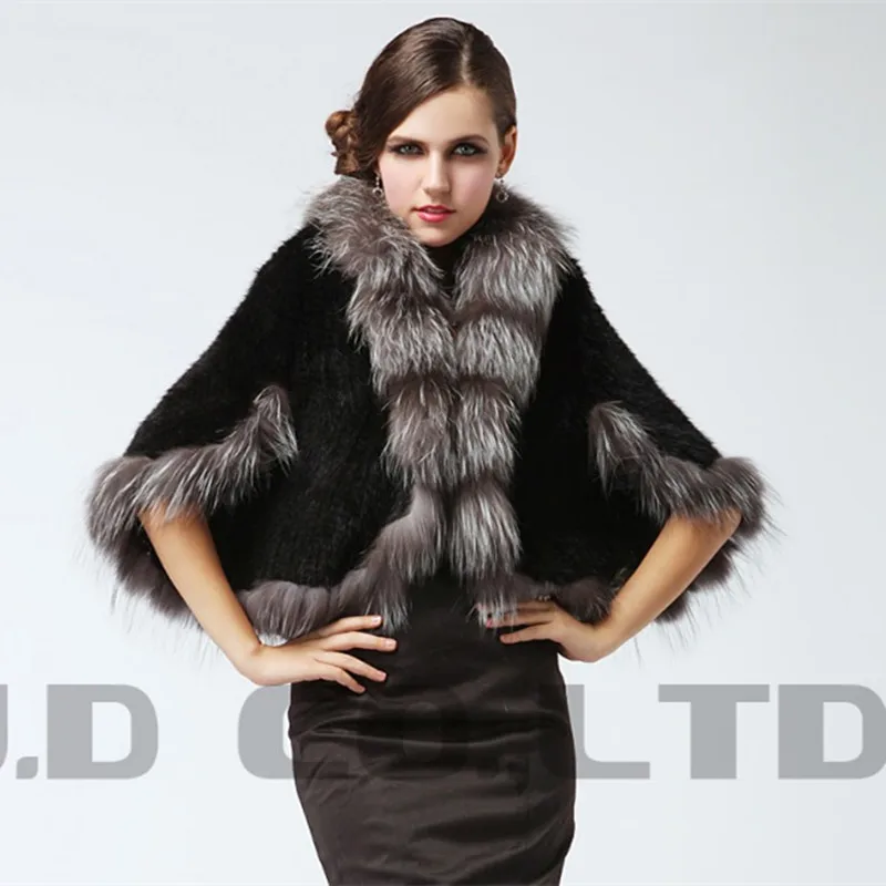 Autumn Winter Ladies' Genuine Natural Knitted Mink Fur Cloak Fox Collar Women Pashmina Wraps Bridal Cape VF0555 |