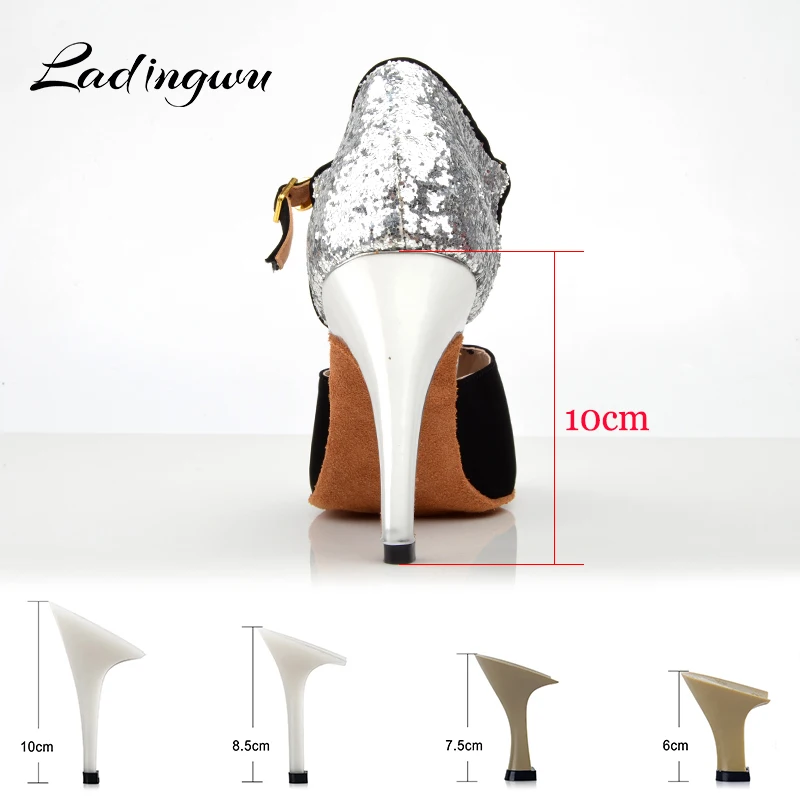 Ladingwu Dance Shoes Latin Women Black Flannel and Silver Glitter Ballroom Salsa Woman sandals for dance Heels 10cm | Спорт и