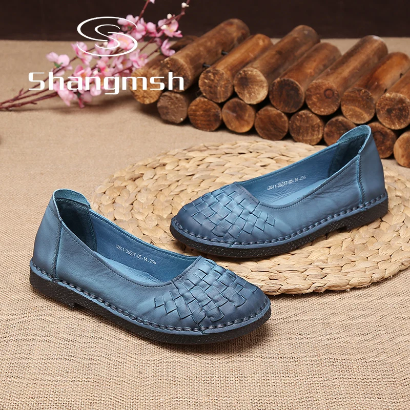 Shangmsh Handmade Casual Shoe Women Driving Soft Flat Solid Genuine Leather Wild Retro Shoes Weave Ladies | Обувь