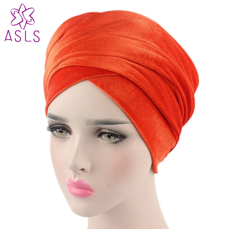 

High Quality L Style New Women And Men Velvet Long Turban Tail Cap Wrapped Head Muslim Hijab Scarf Hat Headwrap Scarf