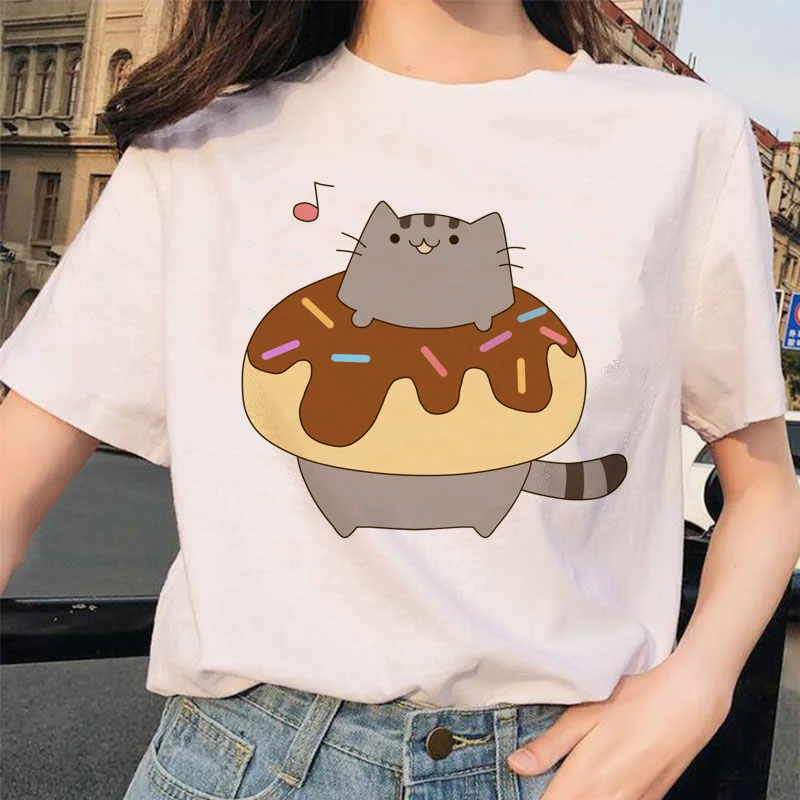 Футболка женская Pusheen с рисунком кота, топ в стиле Харадзюку, милая одежда Ullzang, смешная футболка в Корейском стиле 90-х (art.: 7b167b833) - 7b167b833