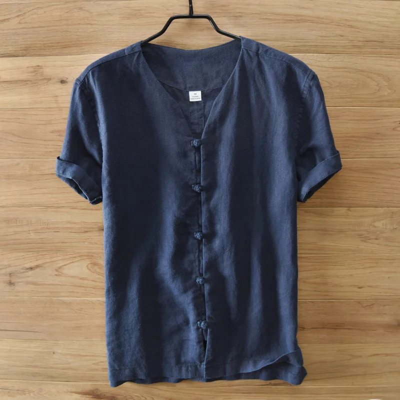 2017 Летняя мужская 100% льняная рубашка с коротким рукавом Повседневная однотонная