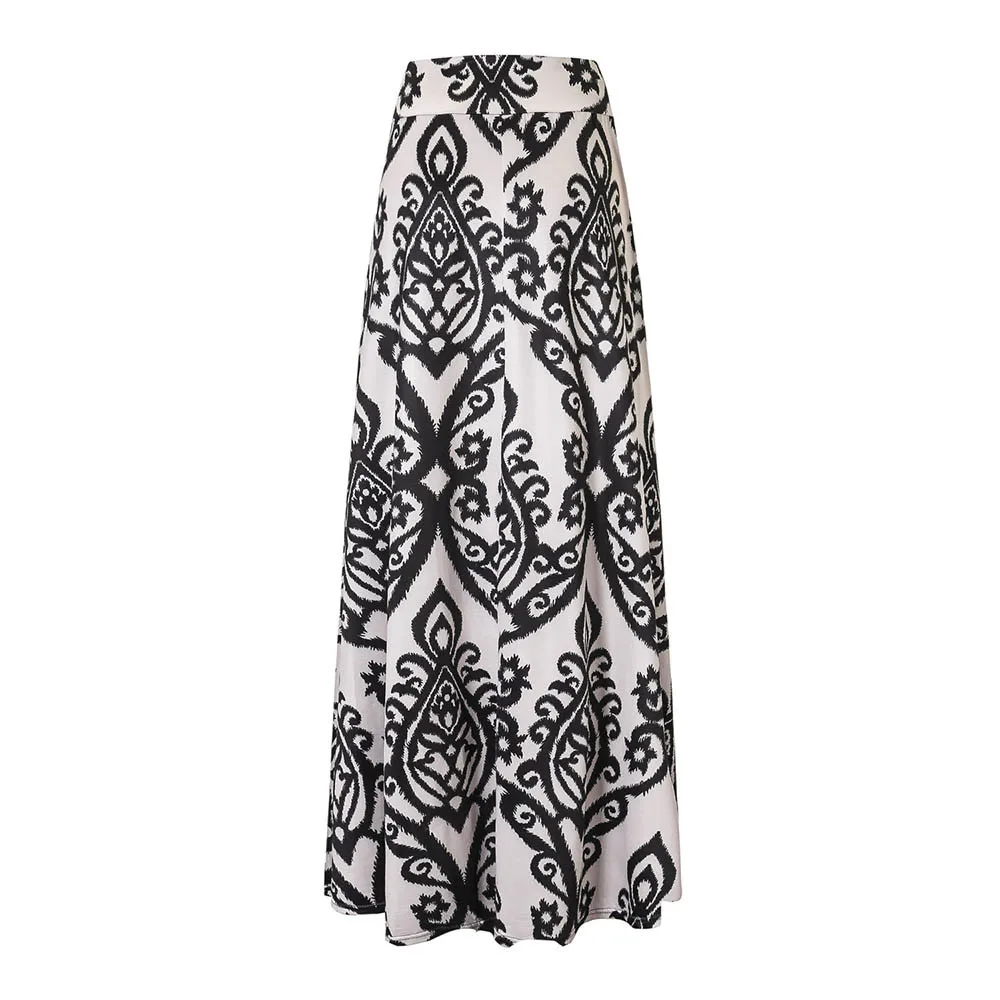 Ladies Printed Empire Floor-Length Skirt Fashion Womens Vintage Casual Coral Print High Waist Skater Skirt Long Maxi Skirt#C