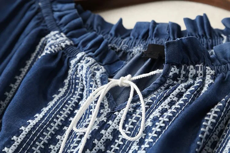 Осень Лето blusas femininas джинсовые рубашки для дам Тяжелая Вышивка Повседневная Блузка женские свободные джинсовые рубашки синий