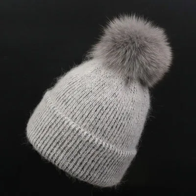 Dark Grey - Fox Fur YWMQFUR зимние женские вязаные шапки с теплым натуральным мехом енота и белой лисы модные шапочки Женские плотные колпачки - Цвет: Dark Grey - Fox Fur