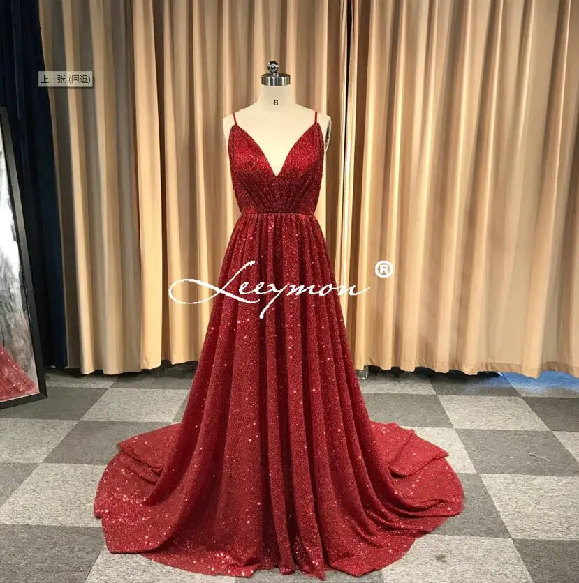 Image Color Leeymon на заказ Sexyb Блеск спагетти ремни спинки A-Line платье выпускного вечера Длина пола темно-красные платья - Цвет: Image Color