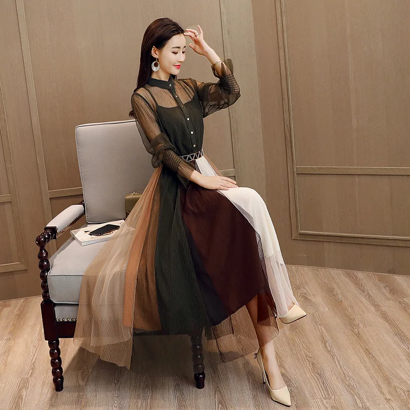 

women stylish Lace patchwork dress transparent midi shirt dress long sleeve female chic sexy elegant mesh dresses vestidos party