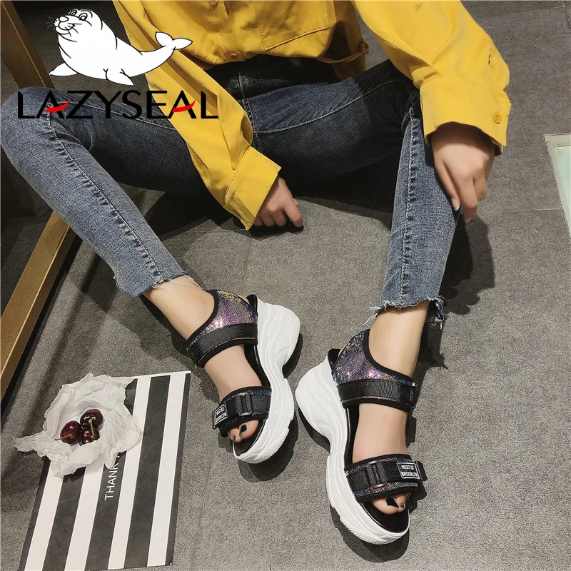LazySeal; Новинка; босоножки на танкетке; женская обувь из блестящей ткани; Босоножки на платформе на застежке-липучке; обувь на толстой подошве; женская обувь; sandalias