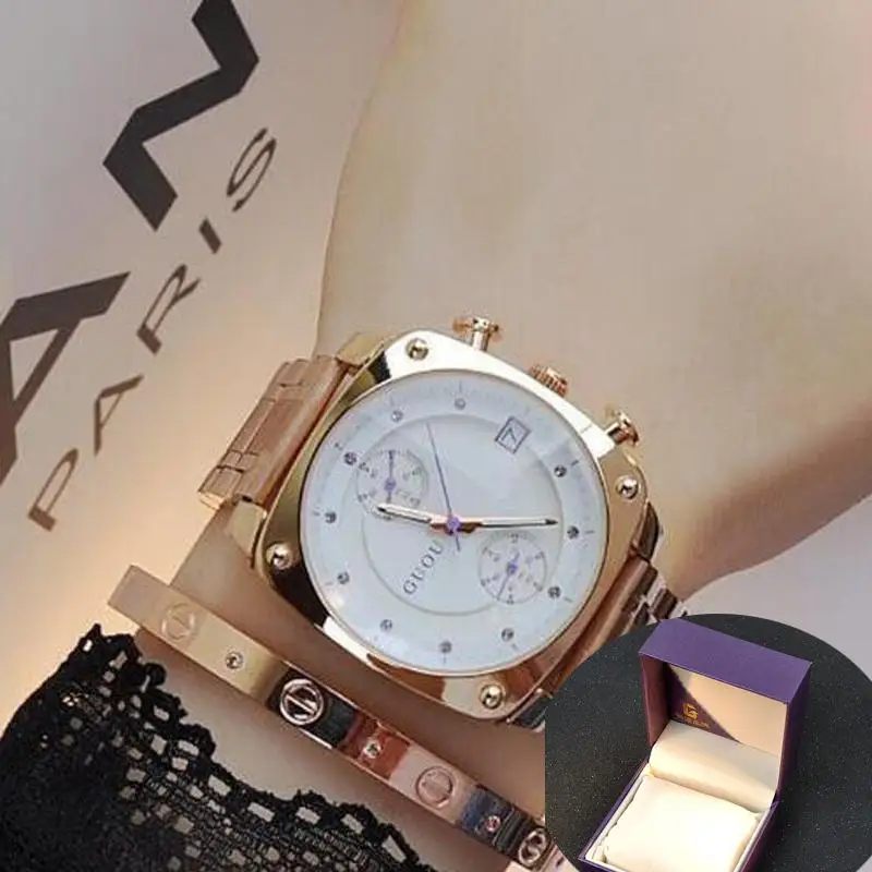 Steel Purple WithBox Модные брендовые женские и мужские унисекс роскошные часы из розового золота, стали и кожи, часы с календарем, квадратный циферблат, водонепроницаемые часы, подарок для влюбленных - Цвет: Steel Purple WithBox