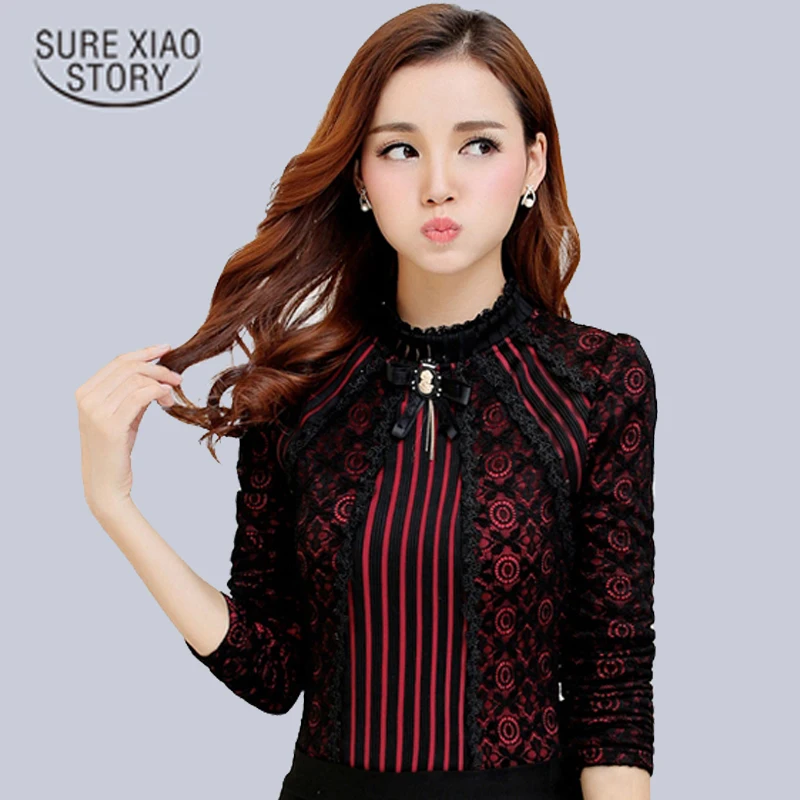 Новый 2018 осень мода Женская кружевная блузка плюс Размеры с длинным рукавом