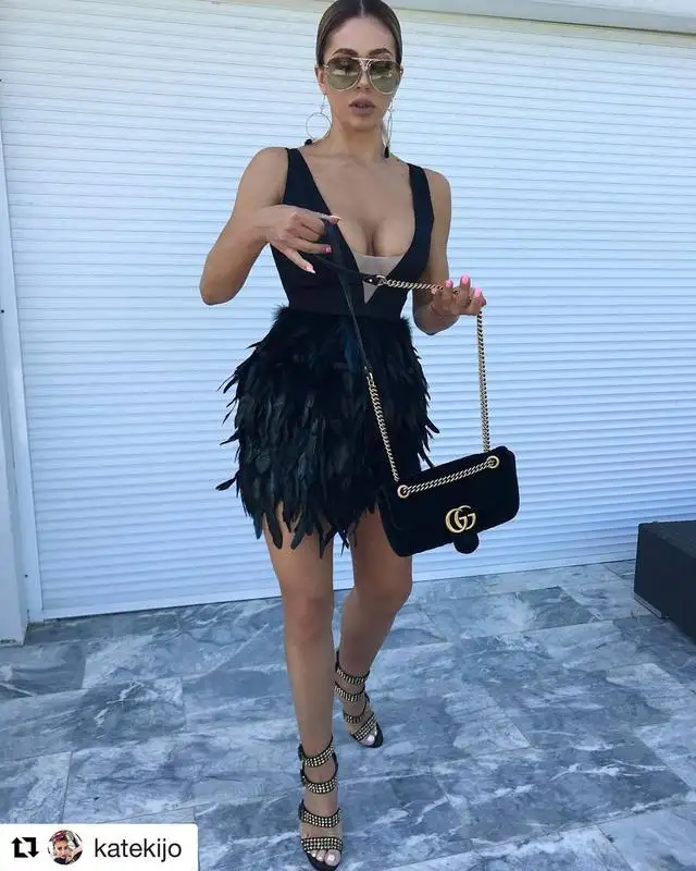 2018 Новое поступление лоскутное перья Для женщин Бандажное платье Sexy Глубокий V