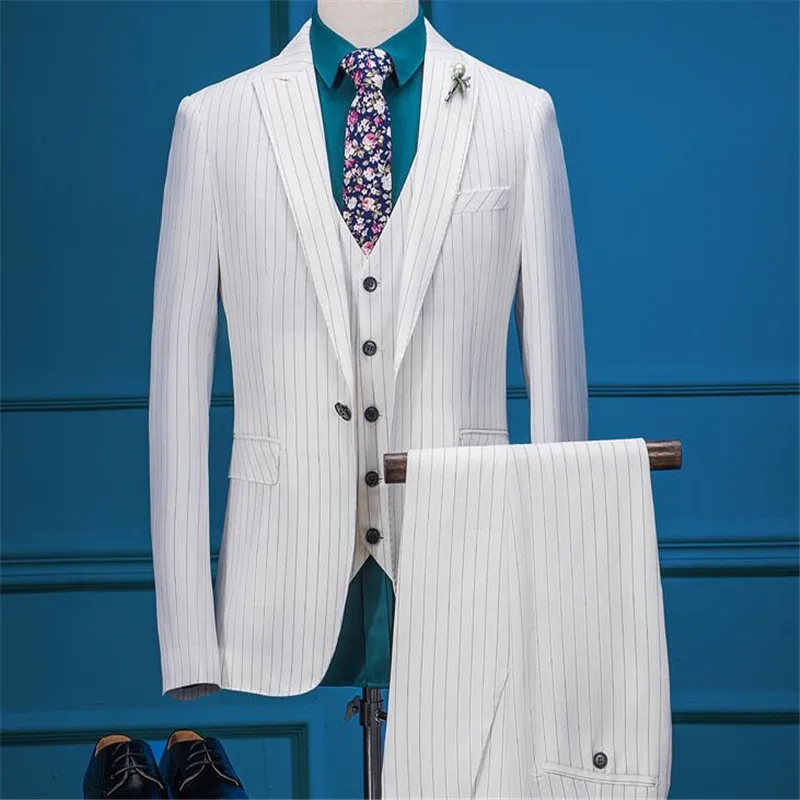 

British Styles White Stripe Suits For Men Two Buttons Groom Wedding Tuxedos For Men Causal Men Blazer (Jacket+Pants+vest)
