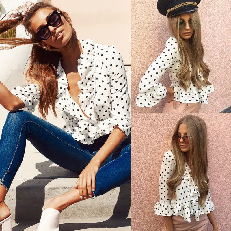 Новые модные женские рубашки в горошек сексуальные Блузы с глубоким v образным