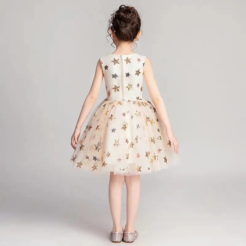 

2019Spring Summer Luxury New O-Neck Sequined Baby Kids Birthday Evening Party Prom Dress Little Girls Teens Wedding Mesh Dress
