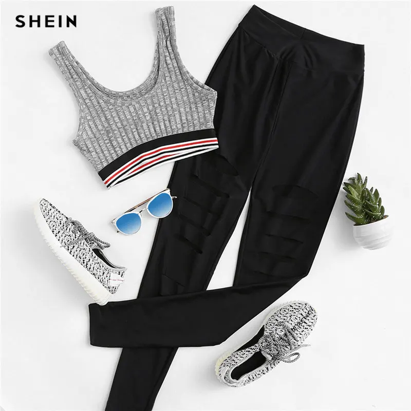 SHEIN черные леггинсы женские сетчатые вставки рваные Леггинсы со средним обхватом талии повседневные летние весенние однотонные леггинсы для фитнеса